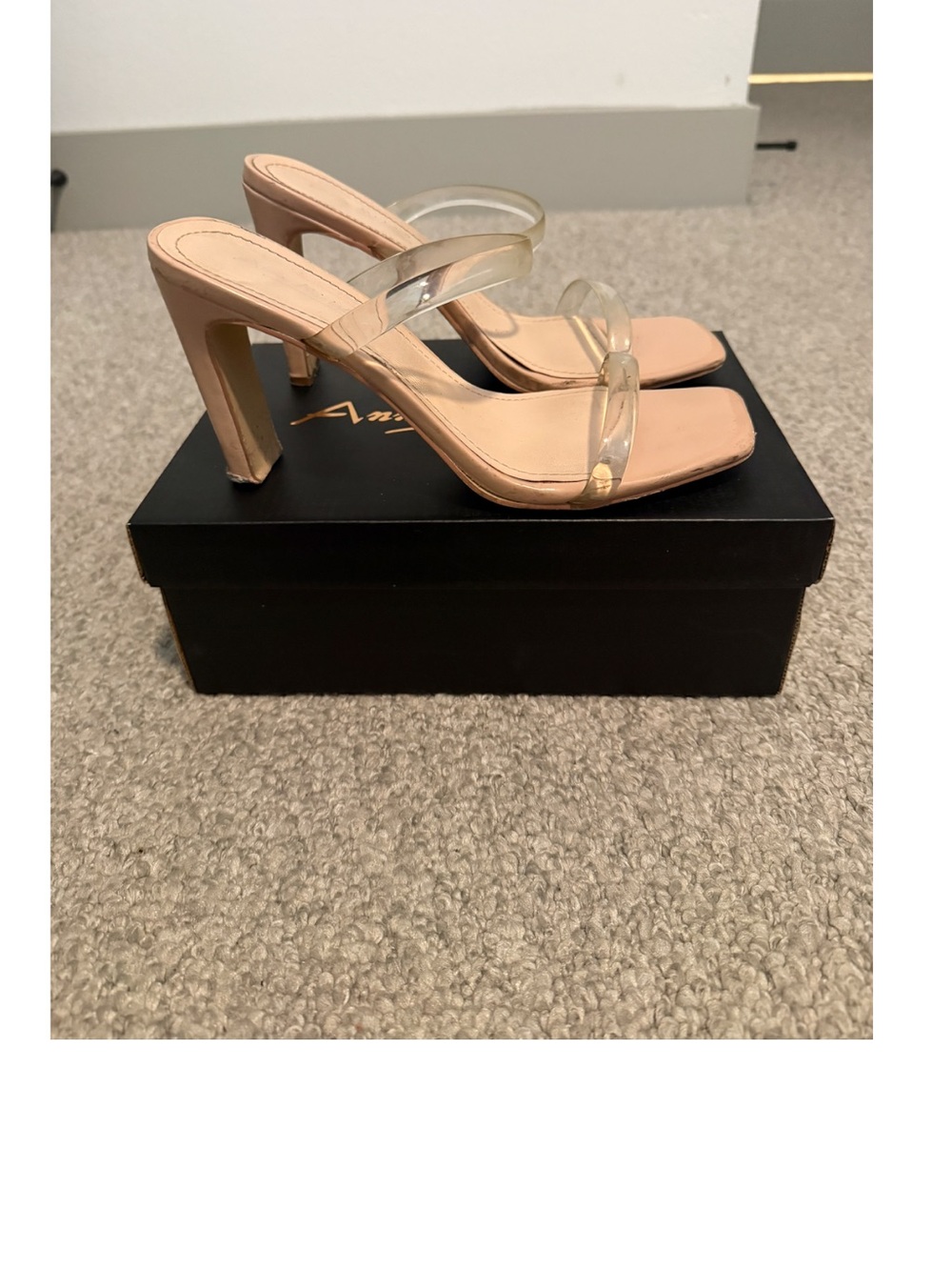 Anne Michelle Nude Clear Strap Square Toe Heels